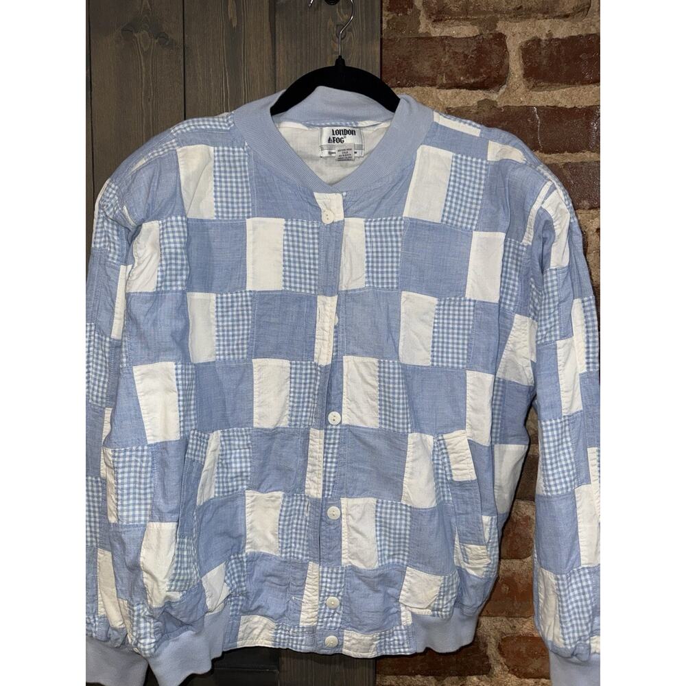 Vintage London Fog Patchwork Bomber Jacket M Blue Gingham Cotton Shoulder Pads - Picture 2 of 12